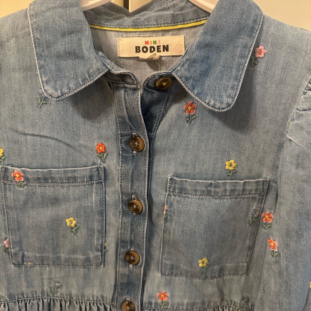 Mini Boden Blue Denim Dress with Floral Embroidery 9/10 Girls